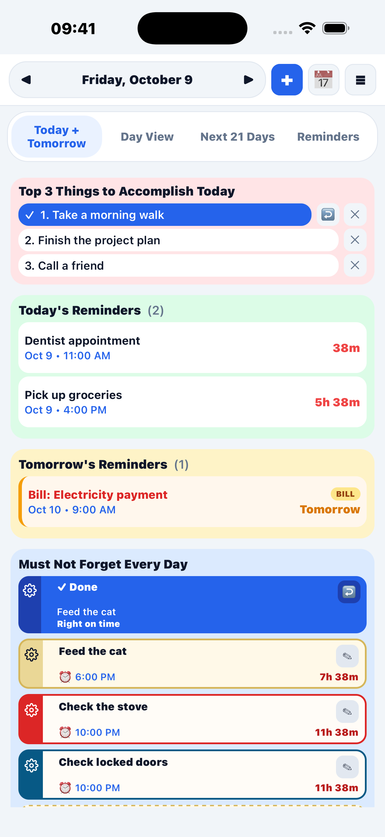 MyDayPilot daily planner with sample priorities, two reminders today, tomorrow’s bill, and full-width daily checks for feeding the cat, checking the stove, and locking the doors.