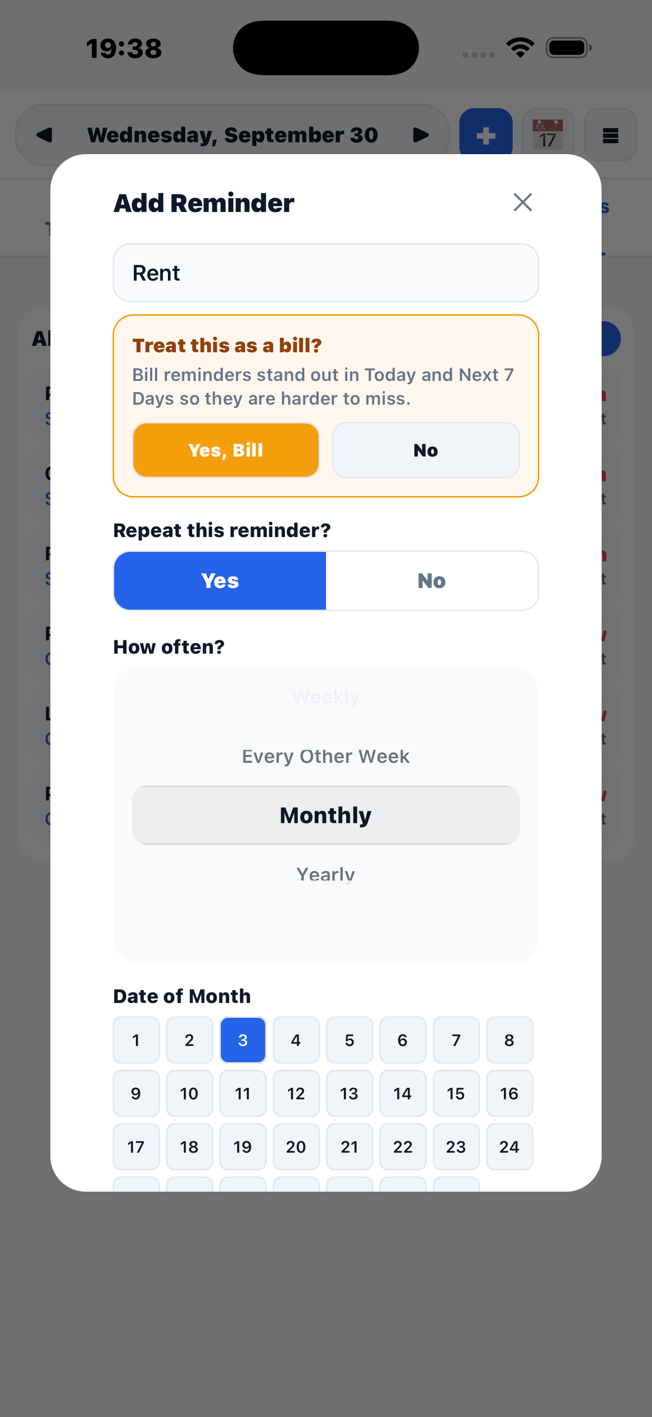 Add Reminder screen with Rent marked as a bill, repeating monthly on the third day of the month.